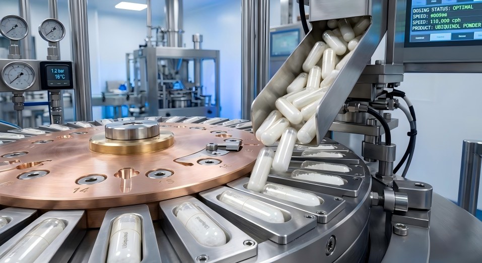 Industrial processing and capsule filling parameters for bulk Ubiquinol powder